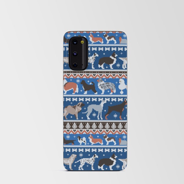 Fluffy and bright fair isle knitting doggie friends // classic and electric blue background brown orange white and grey dog breeds  Android Card Case