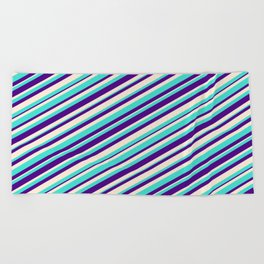 [ Thumbnail: Turquoise, Indigo, and Beige Colored Lines/Stripes Pattern Beach Towel ]