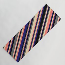 [ Thumbnail: Vibrant Black, Dim Gray, Tan, Salmon & Midnight Blue Colored Stripes Pattern Yoga Mat ]