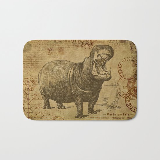 Vintage retro Hippo wildlife animal africa Bath Mat