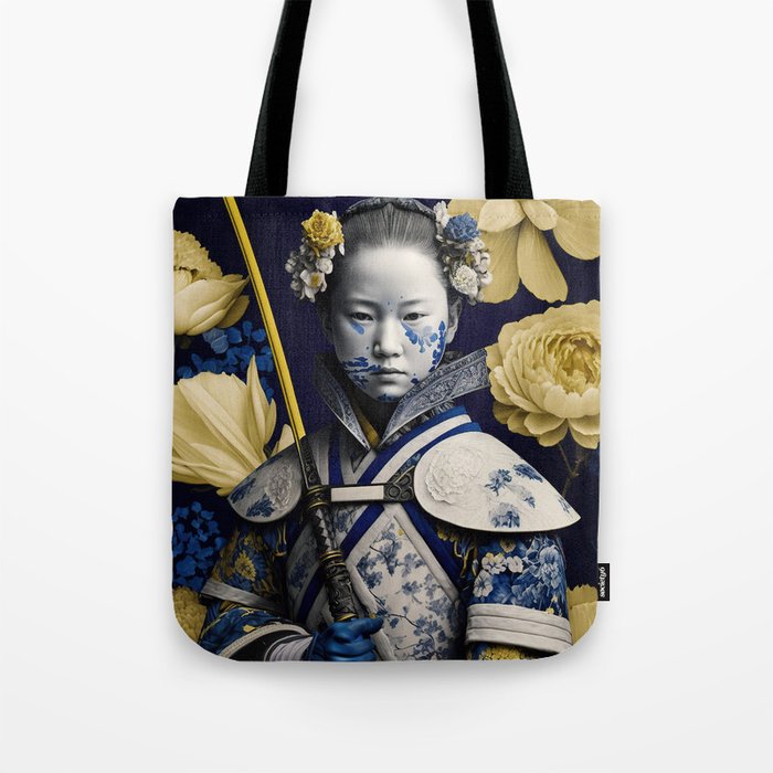 Portrait of a Japanese Warrior Figure with Floral Uniform and Hair Decoration Tote Bag