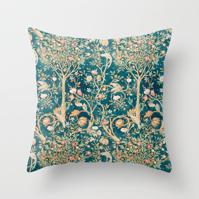 William Morris Vintage Melsetter Teal Blue Green Floral Art Throw Pillow