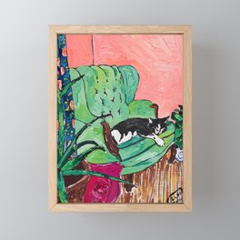 Napping Tuxedo Cat in Overstuffed Sage Green Armchair with Pink Interior After Matisse Painting Framed Mini Art Print