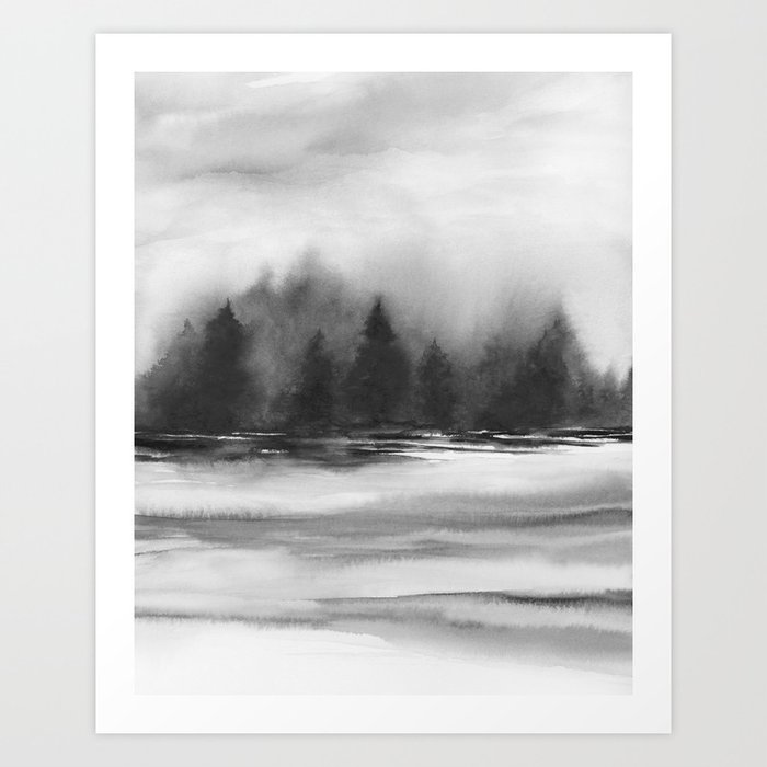 Rustic River II - Black and White Wall Art, River Forest Watercolor Painting, Tree Nature Art Art Print