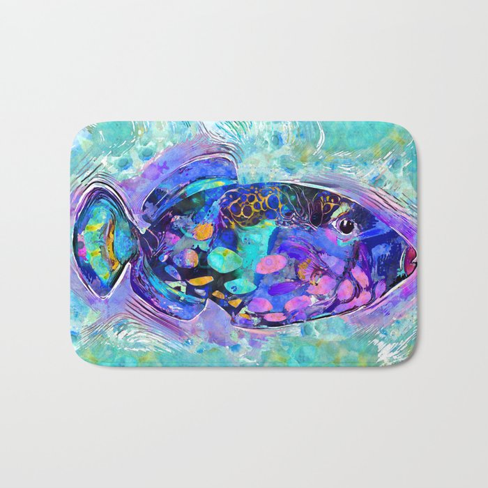 Colorful Whimsical Triggerfish Fishy Fish Beach Art Bath Mat