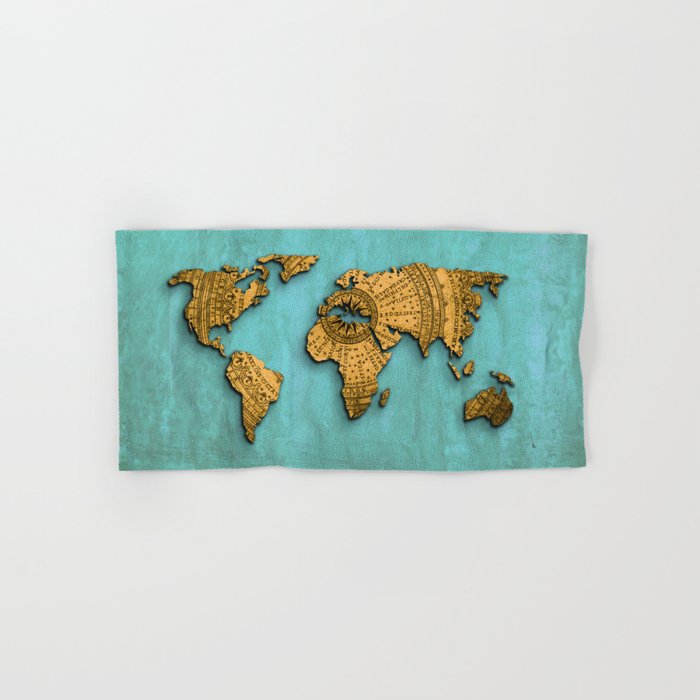 Vintage World Map on Jade Dragon Teal Hand & Bath Towel