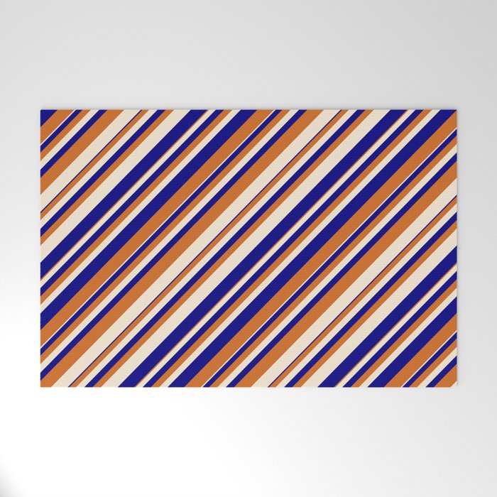 Blue, Chocolate, and Beige Colored Lines/Stripes Pattern Welcome Mat