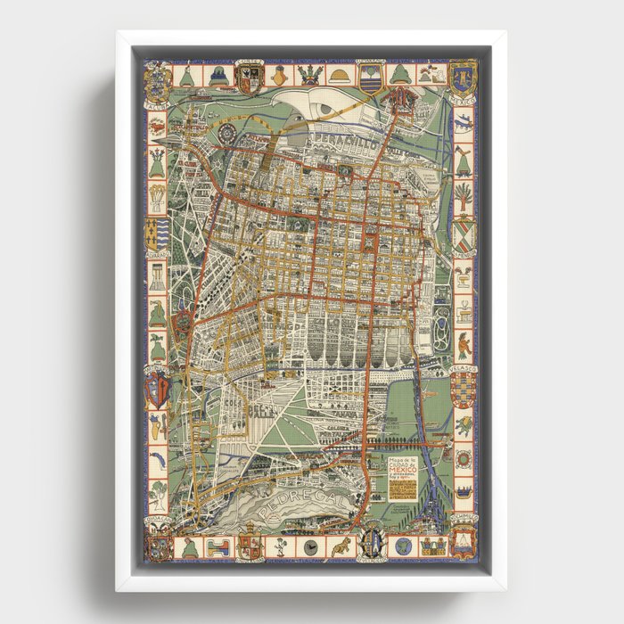 Mexico City Map - Vintage Pictorial Map Framed Canvas