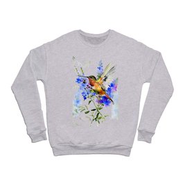 Alen's Hummingbird and Blue Flowers, floral bird design birds, watercolor floral bird art Crewneck Sweatshirt