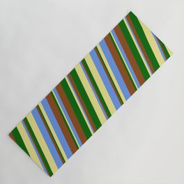 [ Thumbnail: Tan, Cornflower Blue, Brown, and Dark Green Colored Lines/Stripes Pattern Yoga Mat ]