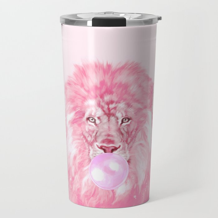 Lion Chewing Bubble Gum in Pink Travel Mug