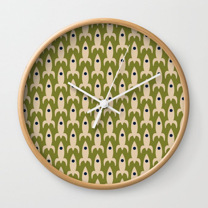 Space Age Rocket Ships - Atomic Age Mid-Century Modern Pattern in Mid Mod Beige and Olive Wall Clock