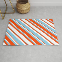 [ Thumbnail: Sky Blue, Red & White Colored Stripes/Lines Pattern Rug ]
