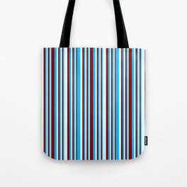 [ Thumbnail: Deep Sky Blue, Dark Red & Light Cyan Colored Pattern of Stripes Tote Bag ]