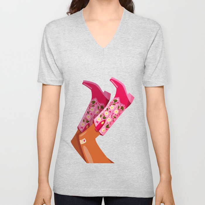 Woman legs with cowboy boots decorated with flowers. Cowgirl with cowboy boots. American western theme. Colorful vibrant vector illustration. V Neck T Shirt