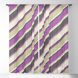 [ Thumbnail: Beige, Black, Purple, and Dark Khaki Colored Lined/Striped Pattern Sheer Curtain ]
