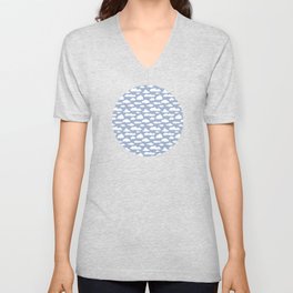 Sunny Summer Sky: White Cartoon Clouds in a Blue Sky Pattern V Neck T Shirt