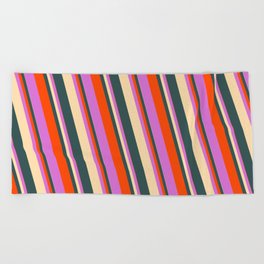 [ Thumbnail: Tan, Dark Slate Gray, Red & Orchid Colored Lined/Striped Pattern Beach Towel ]