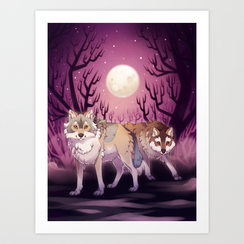 Full Moon Digital Drawing Of Wolves In A Forest At Night Art Print By Shinepaw Society6