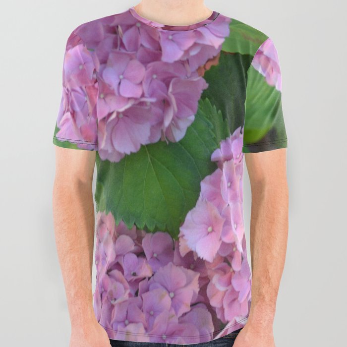 The pink Hortensia hydrangea bush (Hydrangea macrophylla) All Over Graphic Tee