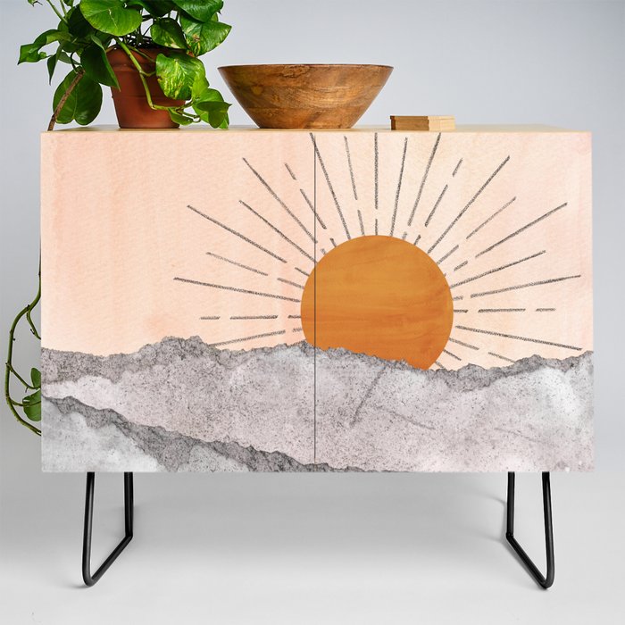 Abstract sunset, grey and blush landscape Credenza