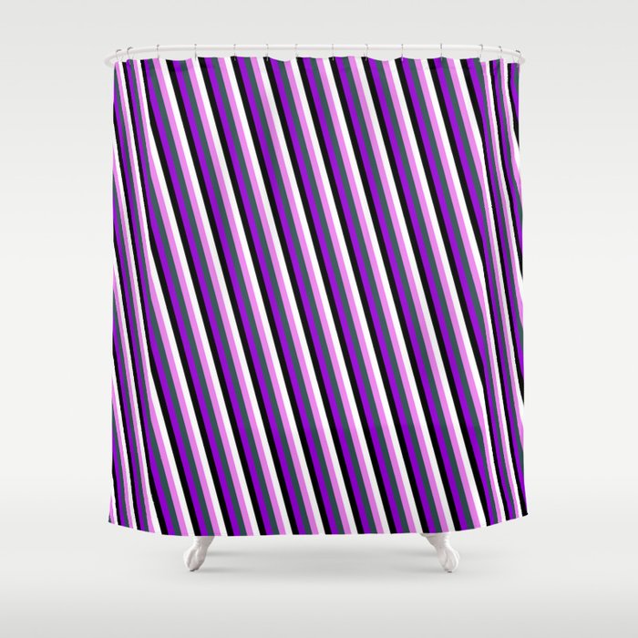 Colorful Violet, Dark Slate Gray, Dark Violet, Black & White Colored Lines/Stripes Pattern Shower Curtain