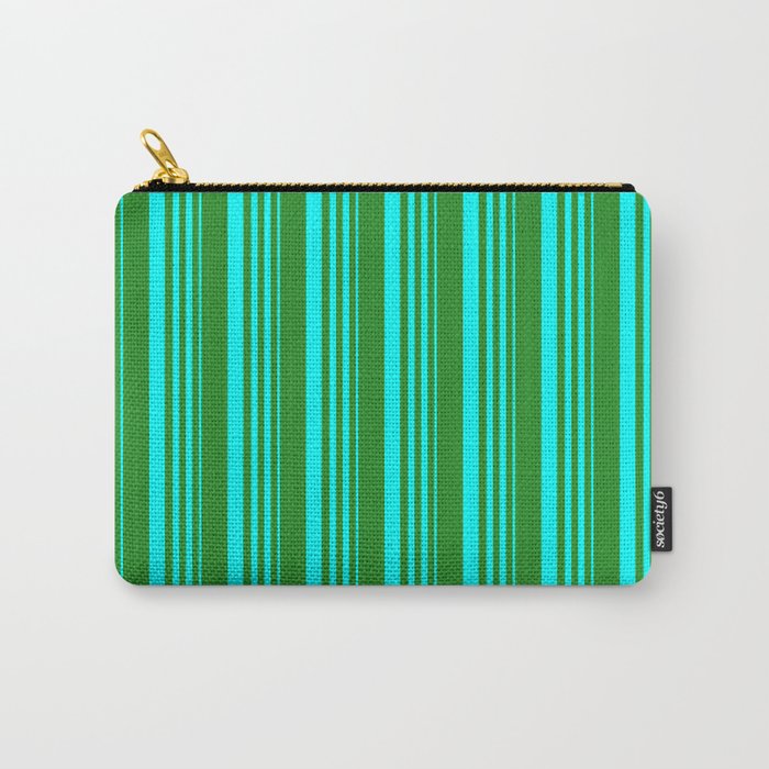 Cyan and Forest Green Colored Stripes Pattern Carry-All Pouch