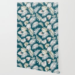 Elegant Tropical Leaves on Teal Wallpaper