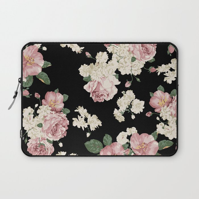 Pink roses on black background pattern. Laptop Sleeve