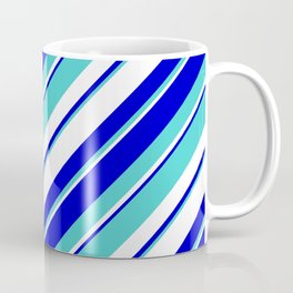 [ Thumbnail: Turquoise, White, and Blue Colored Striped/Lined Pattern Coffee Mug ]