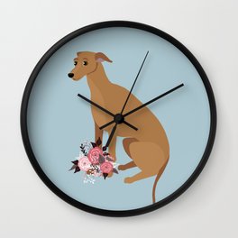 Italian Greyhound and Flowers Red Dog Blue Wall Clock