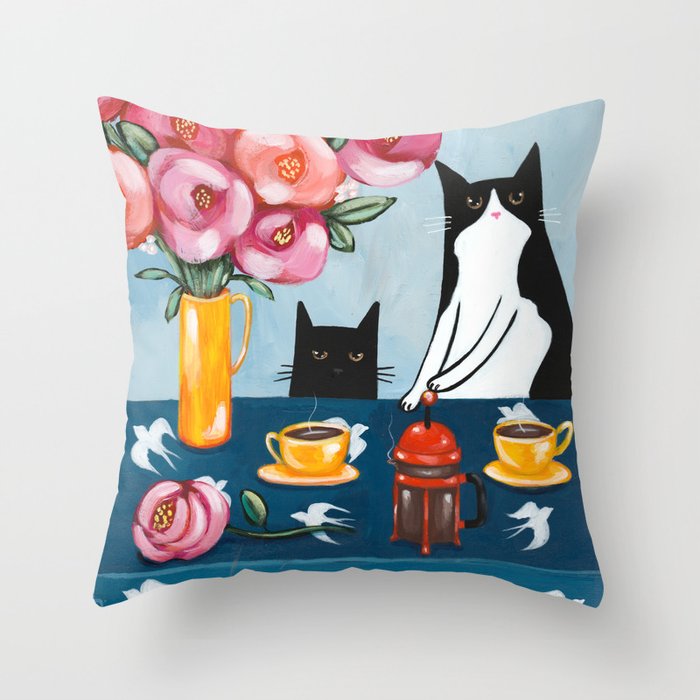 Cats and French Press Coffee Throw Pillow
