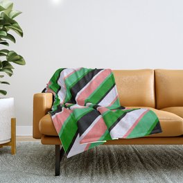 [ Thumbnail: Vibrant Lavender, Light Coral, Sea Green, Green & Black Colored Stripes/Lines Pattern Throw Blanket ]