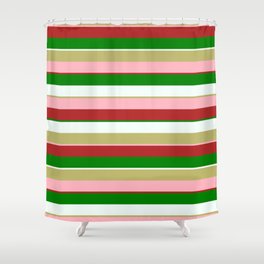 [ Thumbnail: Colorful Dark Khaki, Light Pink, Red, Green, and Mint Cream Colored Lines/Stripes Pattern Shower Curtain ]