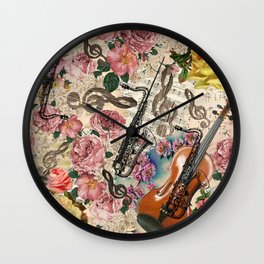Vintage pink bohemian roses classical notes musical instruments Wall Clock
