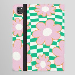 Simple Retro Flowers on Alternative Warped Checkerboard (Green & Pink) iPad Folio Case