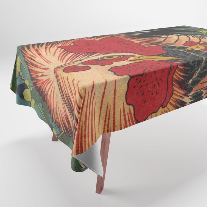 Hokusai, Rooster,Hen and Chicken with Spiderwort Tablecloth by oldking