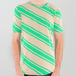 [ Thumbnail: Bisque & Green Colored Lines Pattern All Over Graphic Tee ]