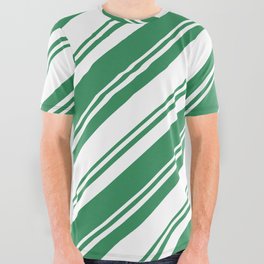 [ Thumbnail: Sea Green & White Colored Lined Pattern All Over Graphic Tee ]