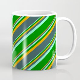 [ Thumbnail: Orange, Dark Slate Gray, Aquamarine, and Green Colored Stripes Pattern Coffee Mug ]