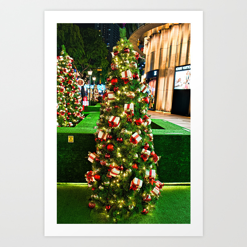 Green Christmas Tree With Gold Box Red Ribbon Ornaments Art Print By Worldshuttleexplorer Society6