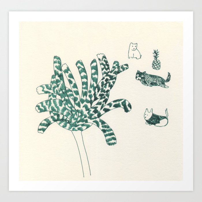 Drawing of a Palm, Cute pets and a Pineapple Art Print