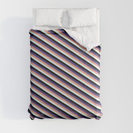 [ Thumbnail: Dark Slate Blue, Dark Salmon, Light Cyan & Black Colored Pattern of Stripes Comforter ]