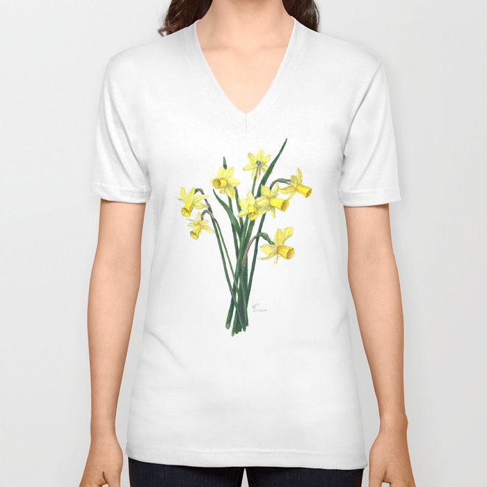 Little Daffodils Botanical Illustration V Neck T Shirt