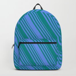 [ Thumbnail: Cornflower Blue and Dark Cyan Colored Striped/Lined Pattern Backpack ]