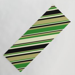 [ Thumbnail: Dark Khaki, Forest Green, Light Yellow, and Black Colored Pattern of Stripes Yoga Mat ]