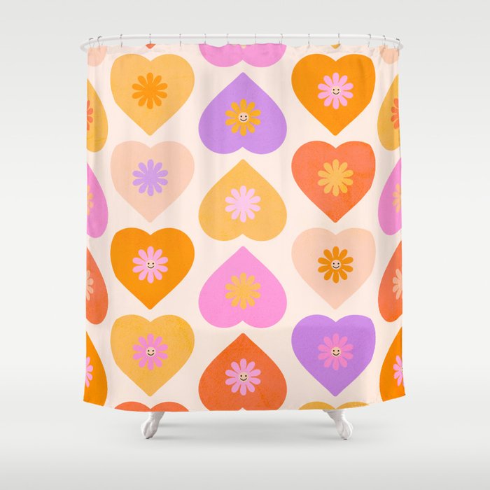 Peachy LOVE Daisy and Heart Pattern  Shower Curtain