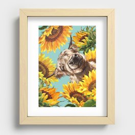 Highland Cow with Sunflowers in Blue Recessed Framed Print
