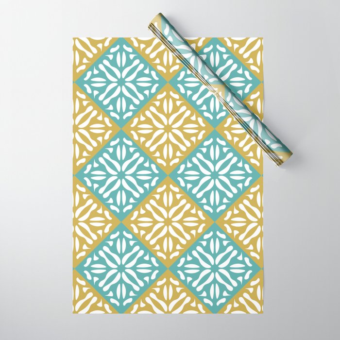 Porto Tiles Inspired Pattern Light Petroleium and Mustard Wrapping Paper