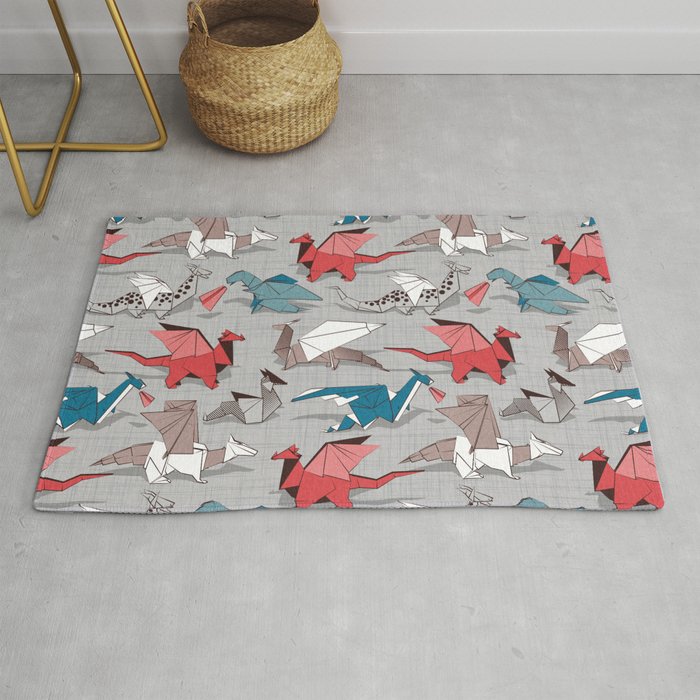 Origami dragon friends // linen texture background blue red grey and taupe fantastic creatures Rug